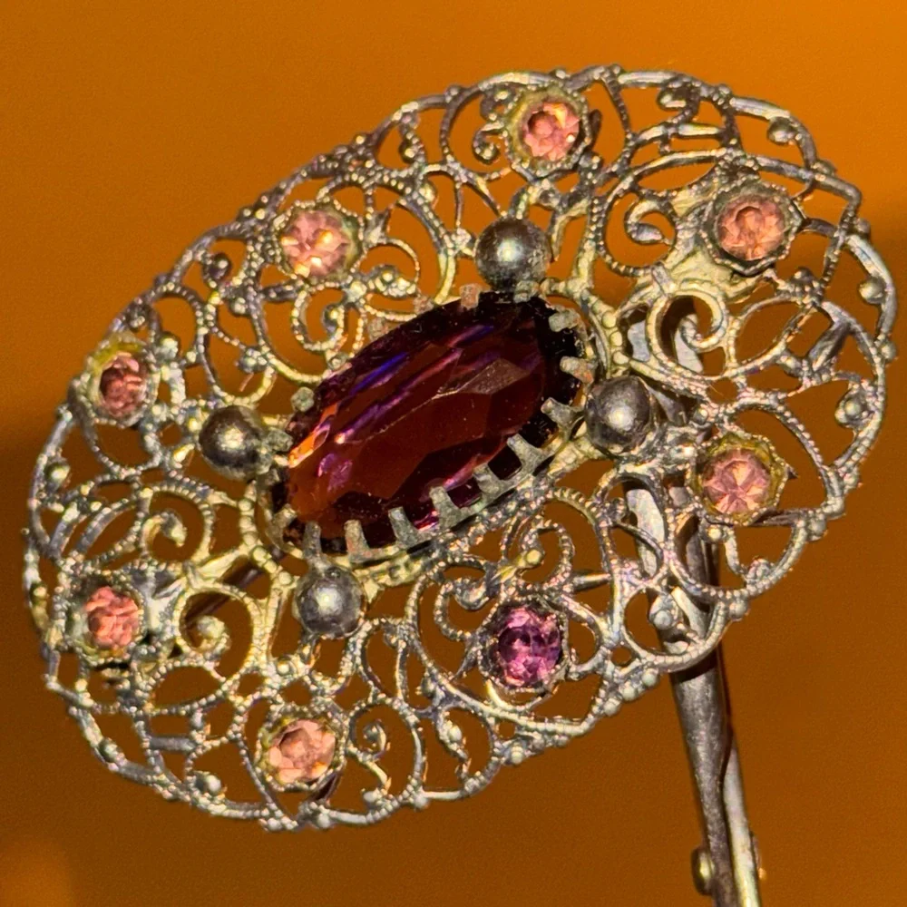 Vintage Victorian Silver Glass Amethyst Antique Brooch - Picture 6 of 16